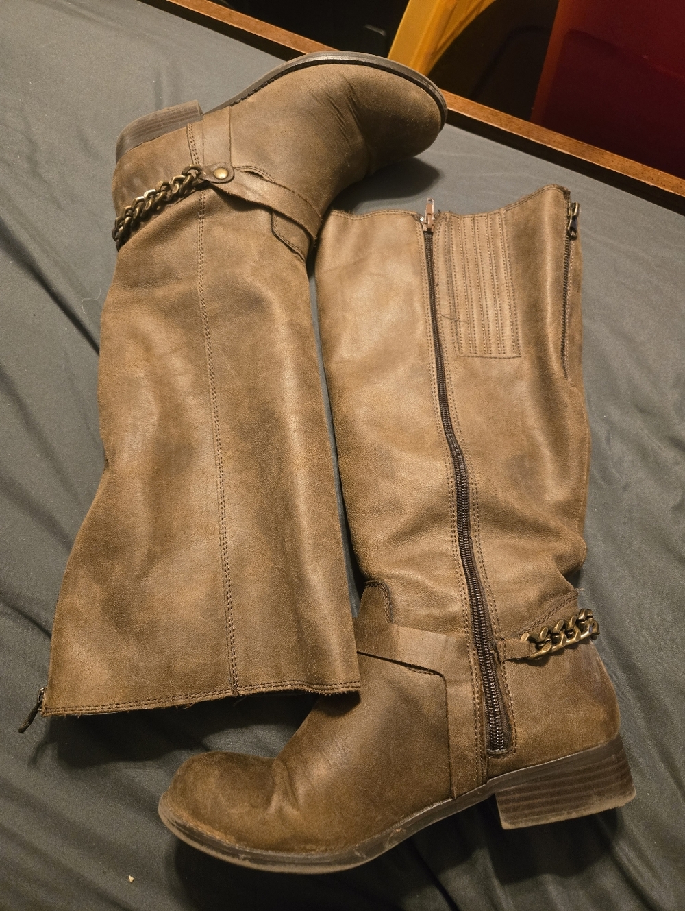 Women's Brown Mid-Calf Riding Boots with Chain Accent